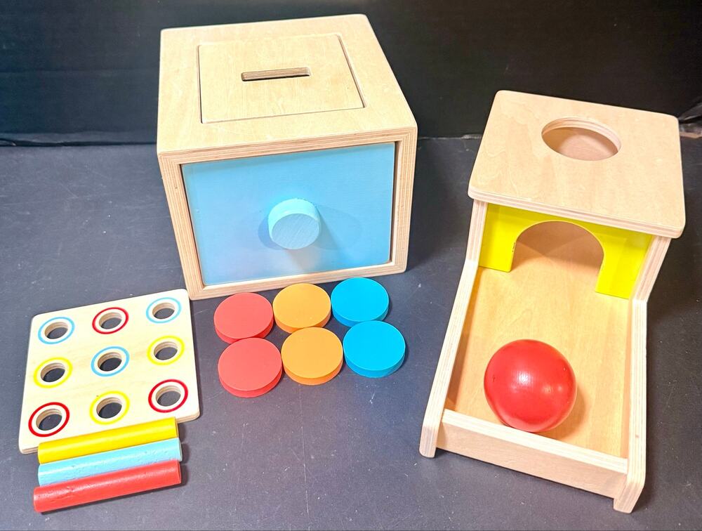 Montessori wooden ball drop & coin drop box with pull out drawer